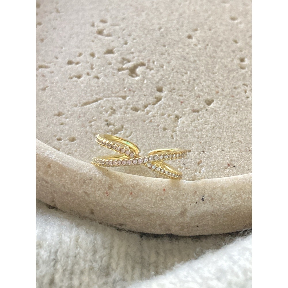 Gold Tone Open Wrap Ring Clear Rhinestone Criss Cross Romantic Feminine